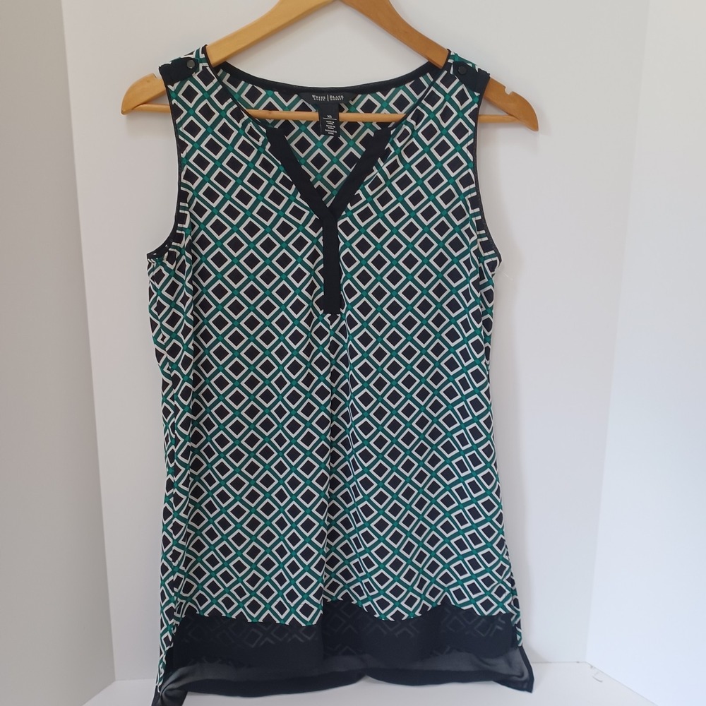 White House Black Market XS Green Square Geometric V-neck Tunic Tank Top